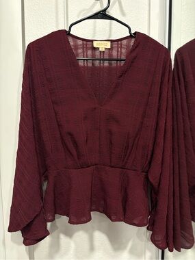 London Rose Burgundy V-Neck Peplum Blouse